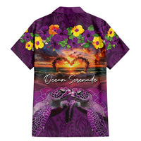 Hawaiian Turtle Love Couple Family Matching Mermaid Dress and Hawaiian Shirt Ocean Serenade - Honu Honi Ihu with Hibiscus and Romantic Sunset Purple Color