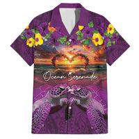 Hawaiian Turtle Love Couple Family Matching Off Shoulder Maxi Dress and Hawaiian Shirt Ocean Serenade - Honu Honi Ihu with Hibiscus and Romantic Sunset Purple Color