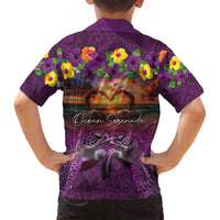 Hawaiian Turtle Love Couple Family Matching Off Shoulder Short Dress and Hawaiian Shirt Ocean Serenade - Honu Honi Ihu with Hibiscus and Romantic Sunset Purple Color