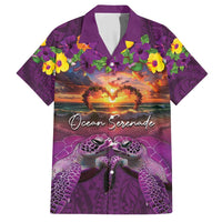 Hawaiian Turtle Love Couple Family Matching Short Sleeve Bodycon Dress and Hawaiian Shirt Ocean Serenade - Honu Honi Ihu with Hibiscus and Romantic Sunset Purple Color