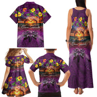 Hawaiian Turtle Love Couple Family Matching Tank Maxi Dress and Hawaiian Shirt Ocean Serenade - Honu Honi Ihu with Hibiscus and Romantic Sunset Purple Color