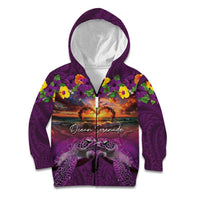 Hawaiian Turtle Love Couple Kid Hoodie Ocean Serenade - Honu Honi Ihu with Hibiscus and Romantic Sunset Purple Color