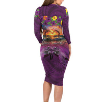 Hawaiian Turtle Love Couple Long Sleeve Bodycon Dress Ocean Serenade - Honu Honi Ihu with Hibiscus and Romantic Sunset Purple Color LT03 - Polynesian Pride