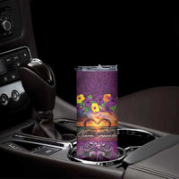 Hawaiian Turtle Love Couple Skinny Tumbler Ocean Serenade - Honu Honi Ihu with Hibiscus and Romantic Sunset Purple Color