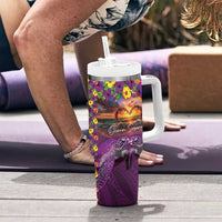 Hawaiian Turtle Love Couple Tumbler With Handle Ocean Serenade - Honu Honi Ihu with Hibiscus and Romantic Sunset Purple Color