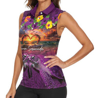 Hawaiian Turtle Love Couple Women Sleeveless Polo Shirt Ocean Serenade - Honu Honi Ihu with Hibiscus and Romantic Sunset Purple Color LT03 - Polynesian Pride