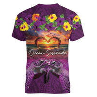 Hawaiian Turtle Love Couple Women V-Neck T-Shirt Ocean Serenade - Honu Honi Ihu with Hibiscus and Romantic Sunset Purple Color LT03 - Polynesian Pride