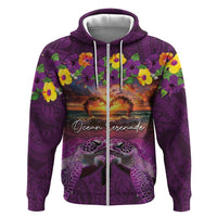Hawaiian Turtle Love Couple Zip Hoodie Ocean Serenade - Honu Honi Ihu with Hibiscus and Romantic Sunset Purple Color LT03 Zip Hoodie Purple - Polynesian Pride