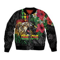Hawaiian One Love Bomber Jacket Reggae Lion Tropical Plants and Kakau with Tribal Pattern
