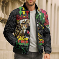 Hawaiian One Love Bomber Puffer Jacket Reggae Lion Tropical Plants and Kakau with Tribal Pattern