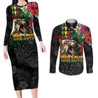 Hawaiian One Love Couples Matching Long Sleeve Bodycon Dress and Long Sleeve Button Shirt Reggae Lion Tropical Plants and Kakau with Tribal Pattern LT03 Black - Polynesian Pride