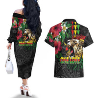 Hawaiian One Love Couples Matching Off The Shoulder Long Sleeve Dress and Hawaiian Shirt Reggae Lion Tropical Plants and Kakau with Tribal Pattern