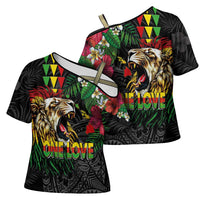 Hawaiian One Love Cross Shoulder Shirt Reggae Lion Tropical Plants and Kakau with Tribal Pattern