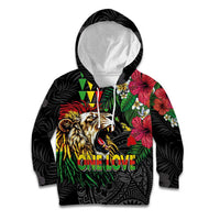 Hawaiian One Love Kid Hoodie Reggae Lion Tropical Plants and Kakau with Tribal Pattern LT03 Hoodie Black - Polynesian Pride