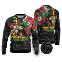 Hawaiian One Love Ugly Christmas Sweater Reggae Lion Tropical Plants and Kakau with Tribal Pattern