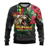 Hawaiian One Love Ugly Christmas Sweater Reggae Lion Tropical Plants and Kakau with Tribal Pattern