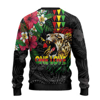 Hawaiian One Love Ugly Christmas Sweater Reggae Lion Tropical Plants and Kakau with Tribal Pattern