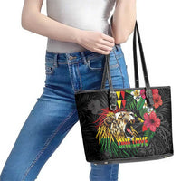 Hawaiian One Love Leather Tote Bag Reggae Lion Tropical Plants and Kakau with Tribal Pattern