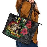 Hawaiian One Love Leather Tote Bag Reggae Lion Tropical Plants and Kakau with Tribal Pattern