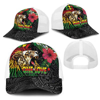Hawaiian One Love Mesh Trucker Cap Reggae Lion Tropical Plants and Kakau with Tribal Pattern