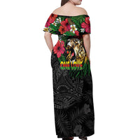 Hawaiian One Love Off Shoulder Maxi Dress Reggae Lion Tropical Plants and Kakau with Tribal Pattern