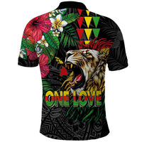 Hawaiian One Love Polo Shirt Reggae Lion Tropical Plants and Kakau with Tribal Pattern