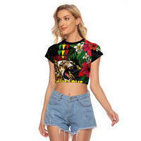 Hawaiian One Love Raglan Cropped T Shirt Reggae Lion Tropical Plants and Kakau with Tribal Pattern LT03 Female Black - Polynesian Pride