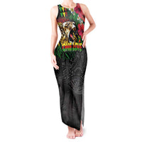 Hawaiian One Love Tank Maxi Dress Reggae Lion Tropical Plants and Kakau with Tribal Pattern LT03 Women Black - Polynesian Pride