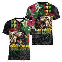 Hawaiian One Love Women V-Neck T-Shirt Reggae Lion Tropical Plants and Kakau with Tribal Pattern LT03 - Polynesian Pride
