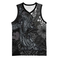 Hawaiian Tropical Plants and Tribal Whales Basketball Jersey Polynesian Art Tattoo Grayscale