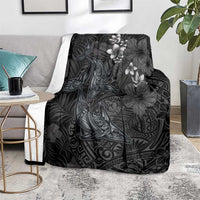 Hawaiian Tropical Plants and Tribal Whales Blanket Polynesian Art Tattoo Grayscale