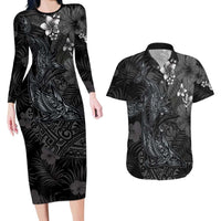 Hawaiian Tropical Plants and Tribal Whales Couples Matching Long Sleeve Bodycon Dress and Hawaiian Shirt Polynesian Art Tattoo Grayscale LT03 Black - Polynesian Pride