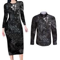 Hawaiian Tropical Plants and Tribal Whales Couples Matching Long Sleeve Bodycon Dress and Long Sleeve Button Shirt Polynesian Art Tattoo Grayscale