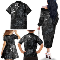 Hawaiian Tropical Plants and Tribal Whales Family Matching Off The Shoulder Long Sleeve Dress and Hawaiian Shirt Polynesian Art Tattoo Grayscale LT03 - Polynesian Pride