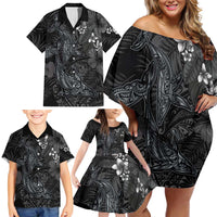 Hawaiian Tropical Plants and Tribal Whales Family Matching Off Shoulder Short Dress and Hawaiian Shirt Polynesian Art Tattoo Grayscale LT03 - Polynesian Pride
