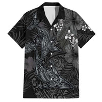 Hawaiian Tropical Plants and Tribal Whales Hawaiian Shirt Polynesian Art Tattoo Grayscale