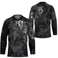 Hawaiian Tropical Plants and Tribal Whales Hockey Jersey Polynesian Art Tattoo Grayscale LT03 - Polynesian Pride