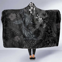 Hawaiian Tropical Plants and Tribal Whales Hooded Blanket Polynesian Art Tattoo Grayscale LT03 One Size Black - Polynesian Pride