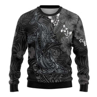 Hawaiian Tropical Plants and Tribal Whales Ugly Christmas Sweater Polynesian Art Tattoo Grayscale