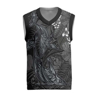 Hawaiian Tropical Plants and Tribal Whales Christmas Knitted V-Neck Vest Polynesian Art Tattoo Grayscale LT03 Black - Polynesian Pride