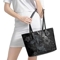 Hawaiian Tropical Plants and Tribal Whales Leather Tote Bag Polynesian Art Tattoo Grayscale