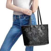 Hawaiian Tropical Plants and Tribal Whales Leather Tote Bag Polynesian Art Tattoo Grayscale