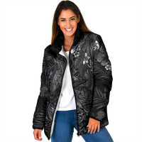 Hawaiian Tropical Plants and Tribal Whales Padded Jacket Polynesian Art Tattoo Grayscale