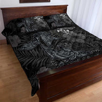 Hawaiian Tropical Plants and Tribal Whales Quilt Bed Set Polynesian Art Tattoo Grayscale