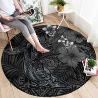 Hawaiian Tropical Plants and Tribal Whales Round Carpet Polynesian Art Tattoo Grayscale