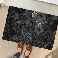 Hawaiian Tropical Plants and Tribal Whales Rubber Doormat Polynesian Art Tattoo Grayscale