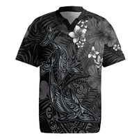 Hawaiian Tropical Plants and Tribal Whales Rugby Jersey Polynesian Art Tattoo Grayscale LT03 Black - Polynesian Pride