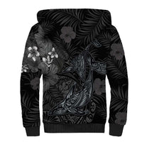 Hawaiian Tropical Plants and Tribal Whales Sherpa Hoodie Polynesian Art Tattoo Grayscale LT03 - Polynesian Pride