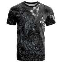 Hawaiian Tropical Plants and Tribal Whales T Shirt Polynesian Art Tattoo Grayscale LT03 Black - Polynesian Pride