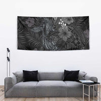 Hawaiian Tropical Plants and Tribal Whales Tapestry Polynesian Art Tattoo Grayscale